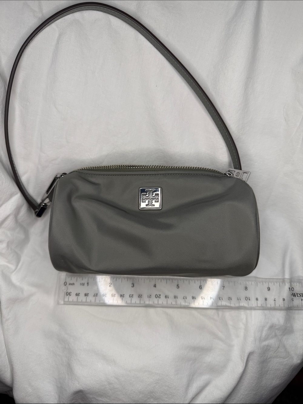 Tory Burch Olive Gray Nylon Shoulder Bag with Silver Logo NWOT - Picture 8 of 10